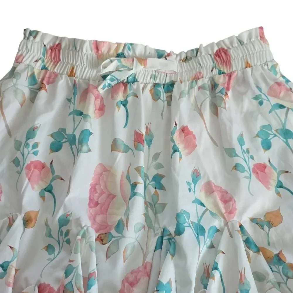 Shein Girl's Size 10 White Pink Green Rose Print Ruffle Skirt